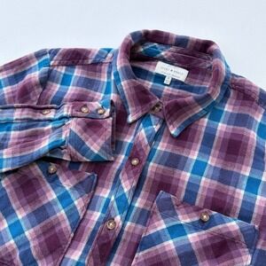 Lucky Brand Purple Blue Plaid Flannel Button Down Shirt Pocket Front Size Small
